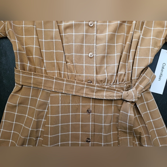NWT - Calvin Klein Beige Plaid Stretch Button Front Tie Waist Midi Dress - Sz 12 - Picture 9 of 14